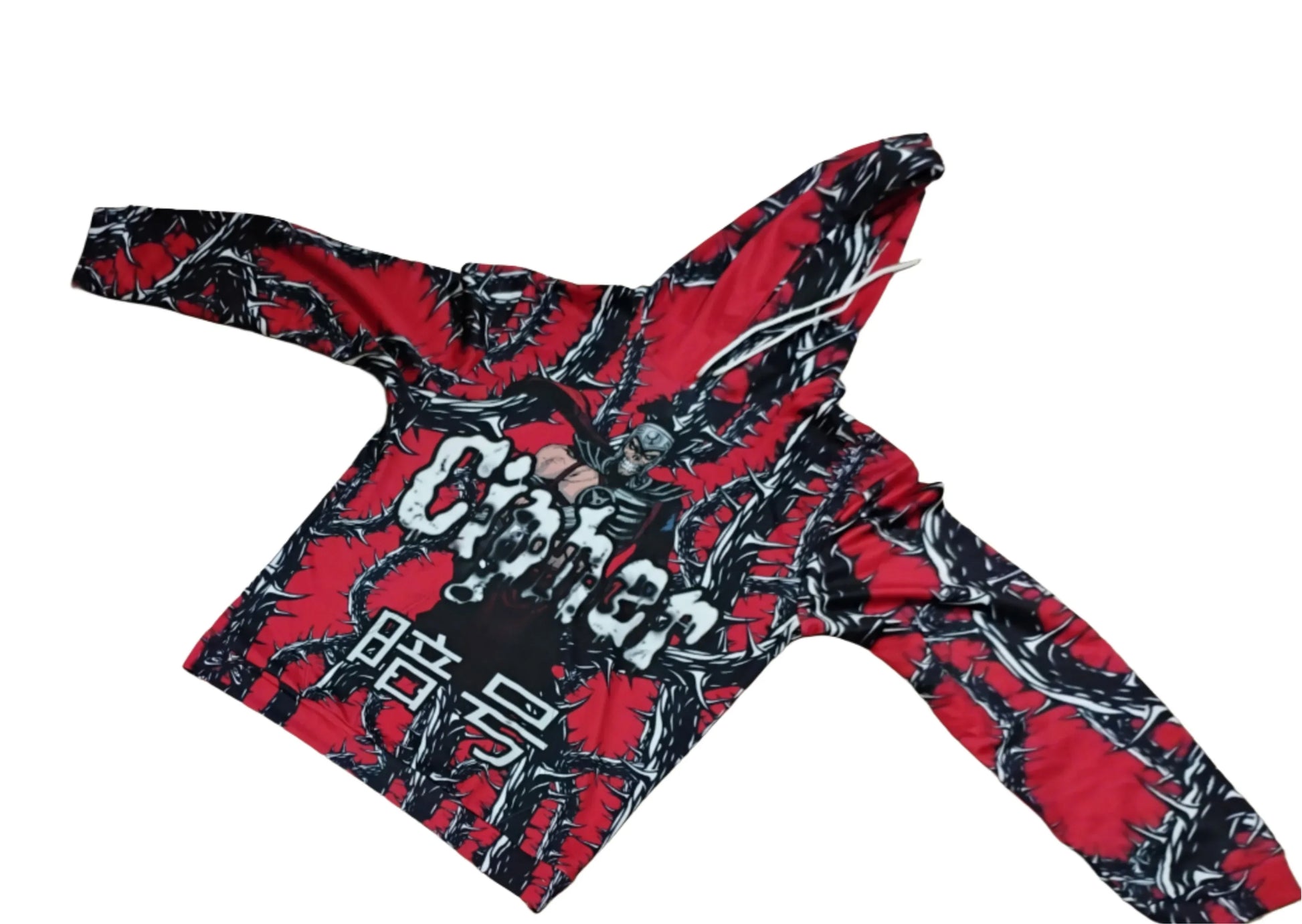 CIPHER red all-over print Havik hoodie featuring Mortal Kombat character graphic