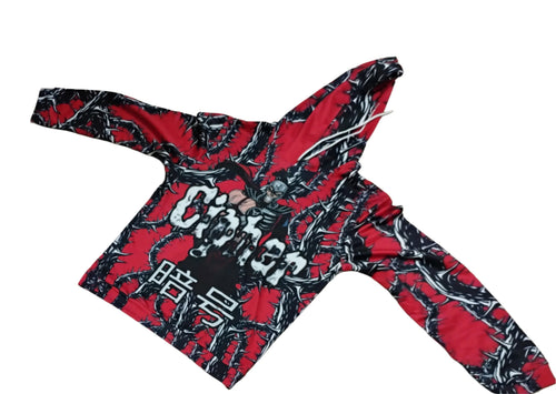 CIPHER red all-over print Havik hoodie featuring Mortal Kombat character graphic