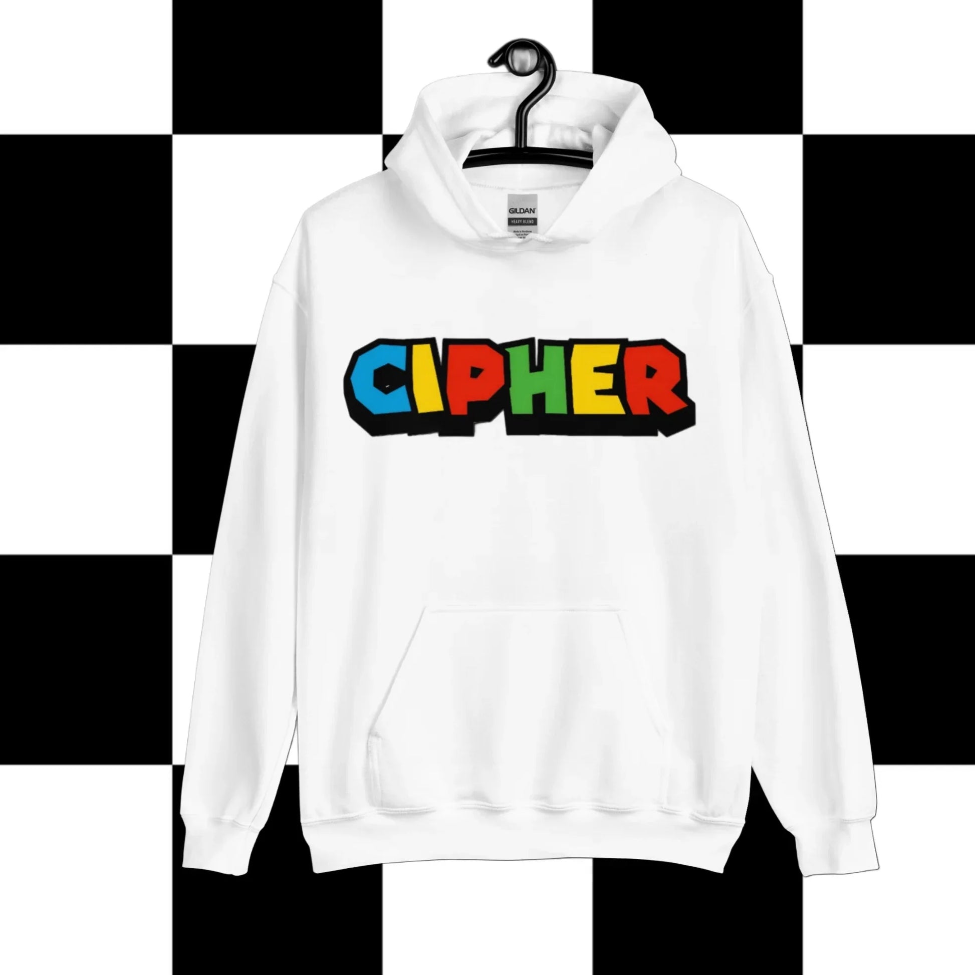 CIPHER white Super hoodie with retro N64 gaming graphics, vintage console theme